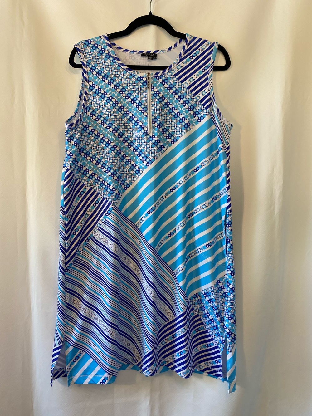Bylyse Spenard Blue Grid Pattern Geometric Liquid Knit Sleeveless Mini Dress LG